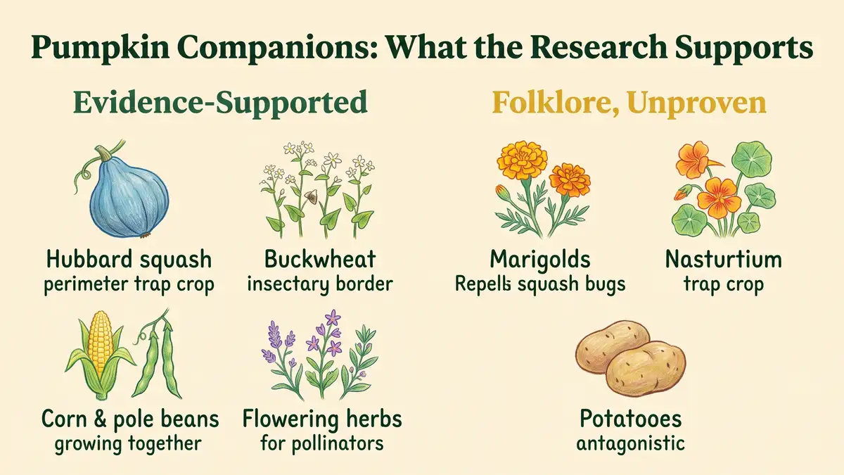 Infographic comparing evidence-supported pumpkin companions such as Blue Hubbard trap crops against unproven folklore claims like marigolds repelling squash bugs