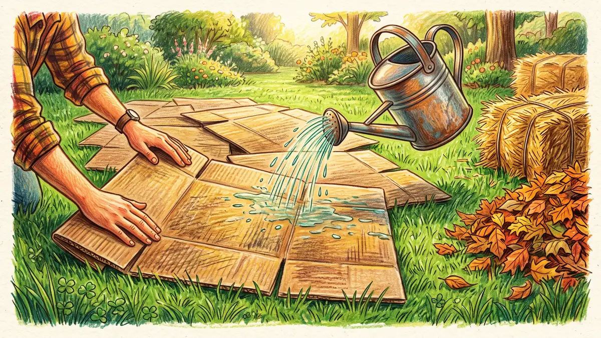 Hands laying overlapping flattened cardboard sheets over lawn grass and soaking them with a watering can to start a sheet composted bed