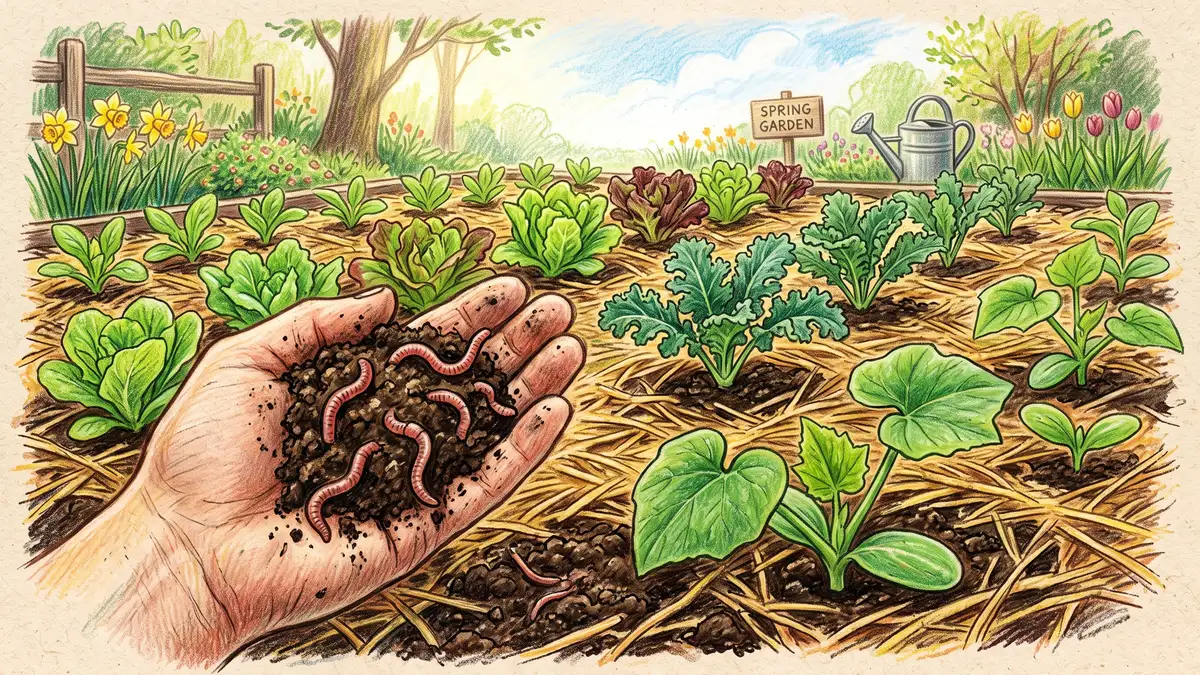 Finished sheet composted bed the following spring with lettuce, kale and squash seedlings planted through straw mulch in dark crumbly soil
