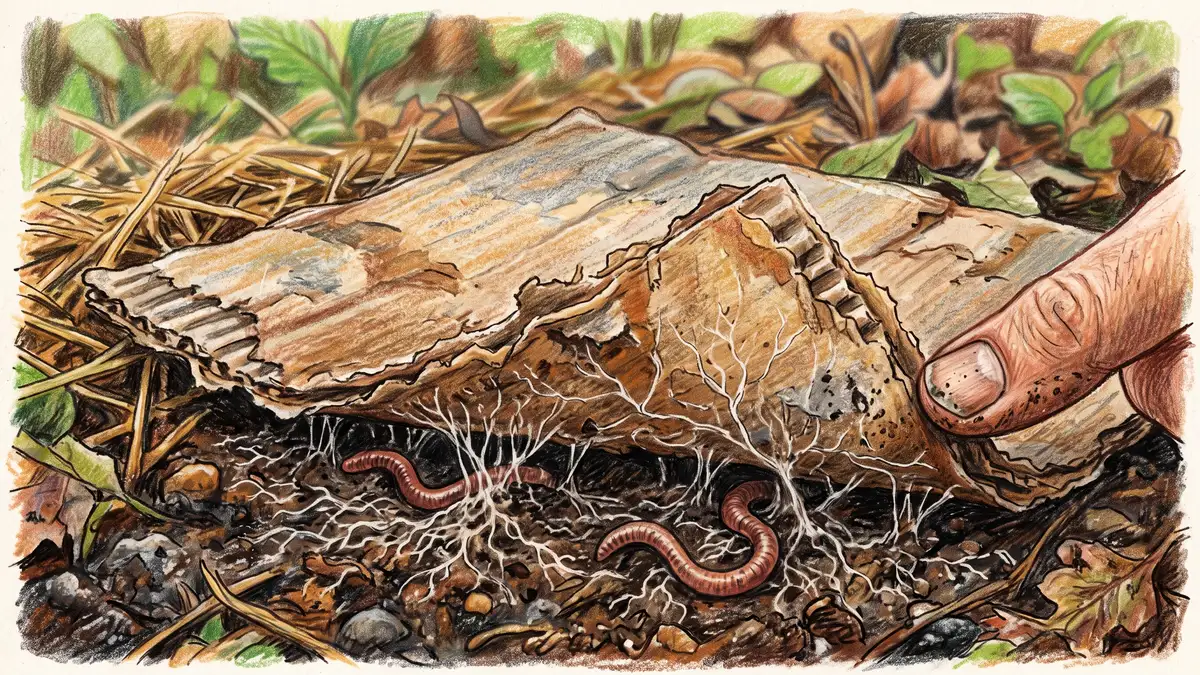 Partially decomposed cardboard lifted from damp soil revealing white fungal mycelium and earthworms underneath in a sheet composted bed