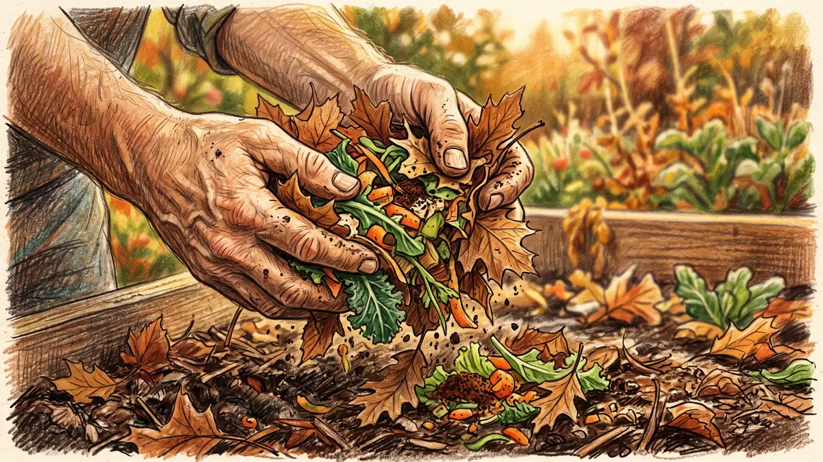 Hands crumbling brown fallen leaves together with green kitchen scraps and coffee grounds over a sheet composted garden bed