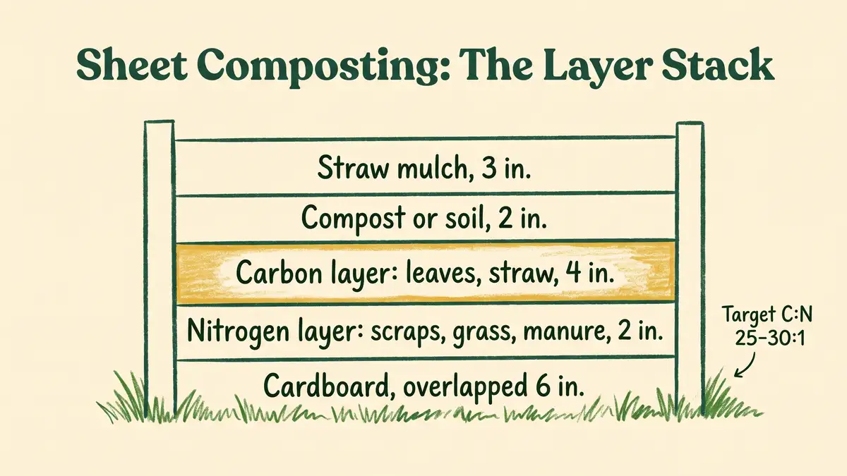 Infographic cross-section of a sheet composted garden bed showing cardboard base, nitrogen layer, carbon layer, compost and straw mulch with target C:N ratio