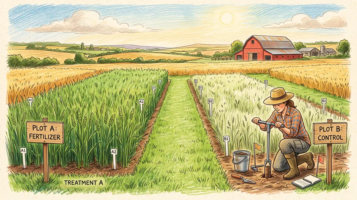 Side-by-side agricultural research plots with measurement stakes and a researcher taking a soil core, testing farming system outcomes