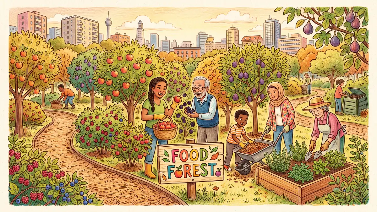 Community food forest in a city park with fruit trees, berry shrubs and volunteers of different ages harvesting and mulching together