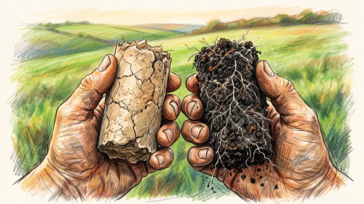 Two soil cores compared side by side, one pale and compacted, the other dark and crumbly with visible roots and organic matter