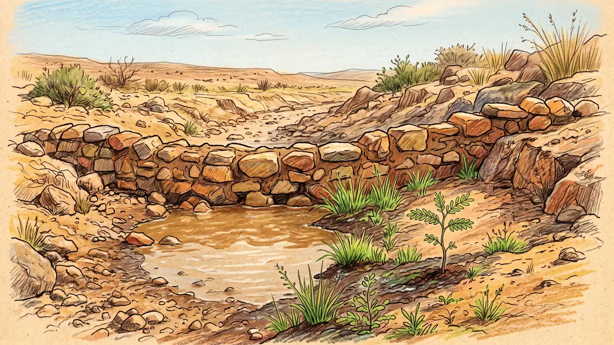 Small stone check dam holding water in a dry gully with new grass and an acacia seedling establishing, a core land restoration technique