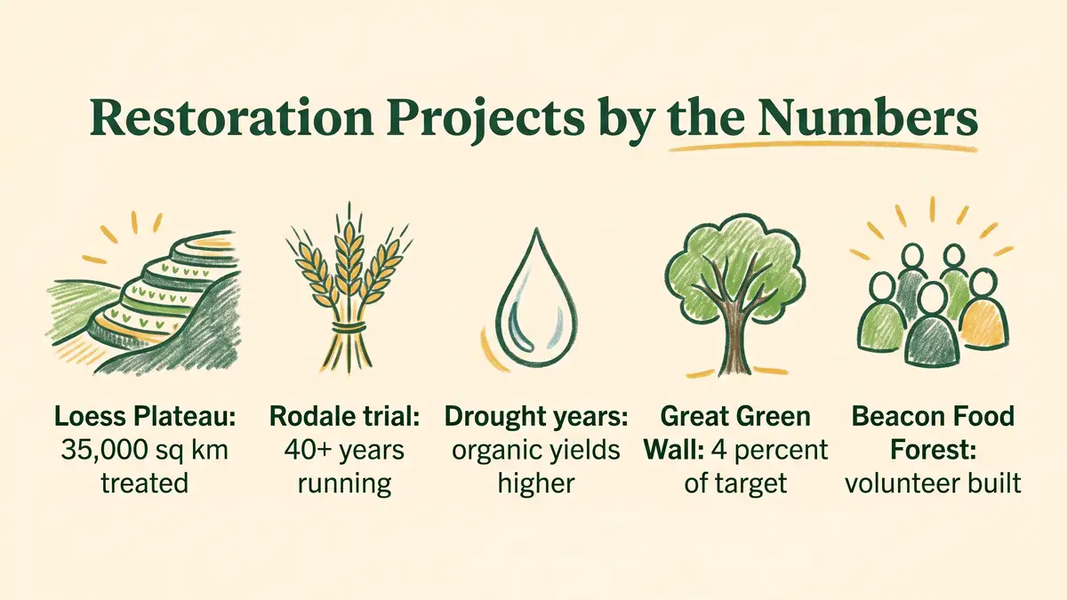 Infographic summarizing restoration project outcomes including Loess Plateau area treated, Rodale trial duration and Great Green Wall progress against target