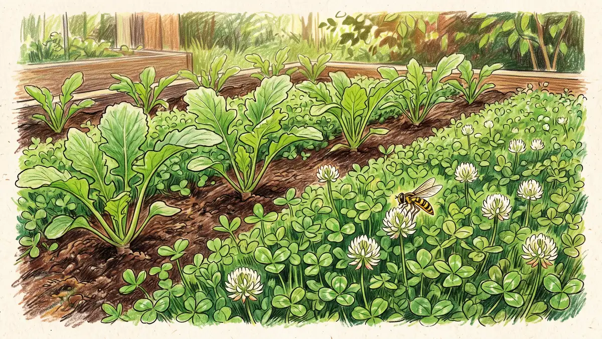 Young turnip seedlings undersown with a low white clover living mulch between the rows to reduce pest colonisation