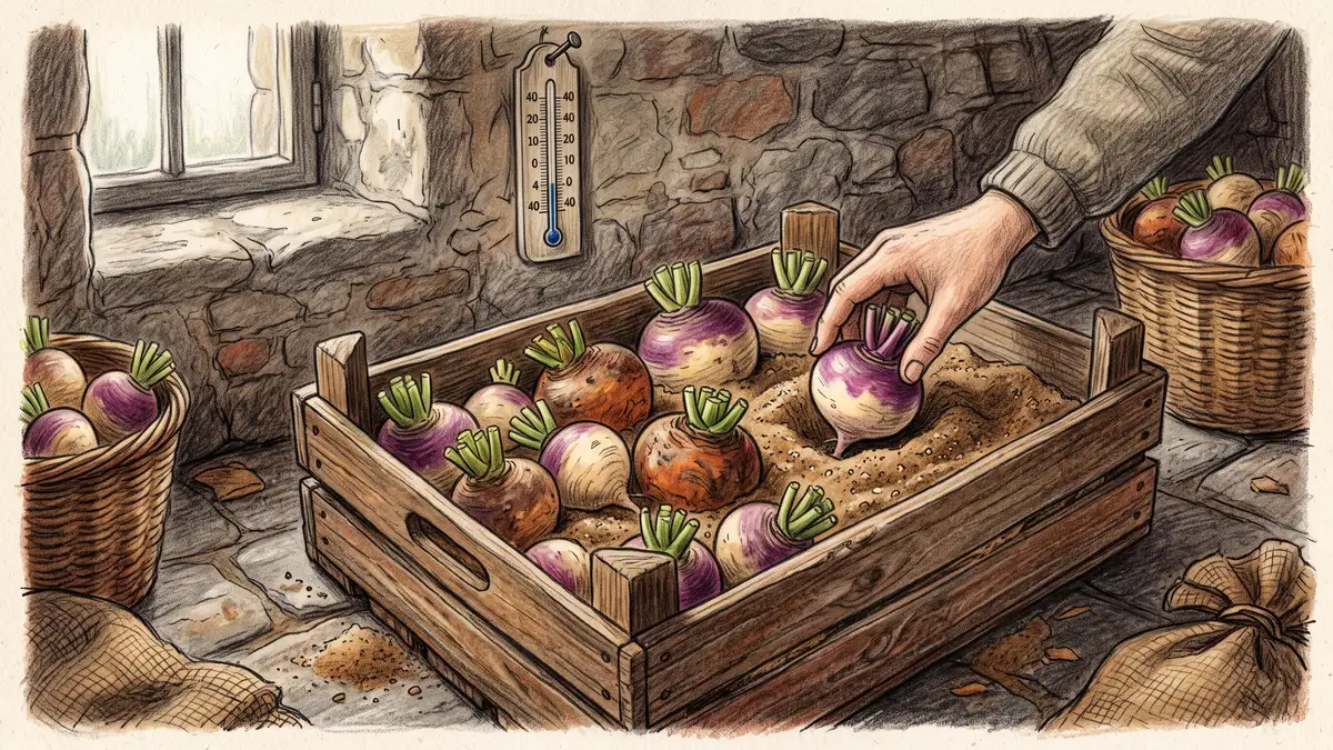 Harvested turnips and rutabaga with trimmed tops packed in damp sand in a wooden crate in a cool stone cellar