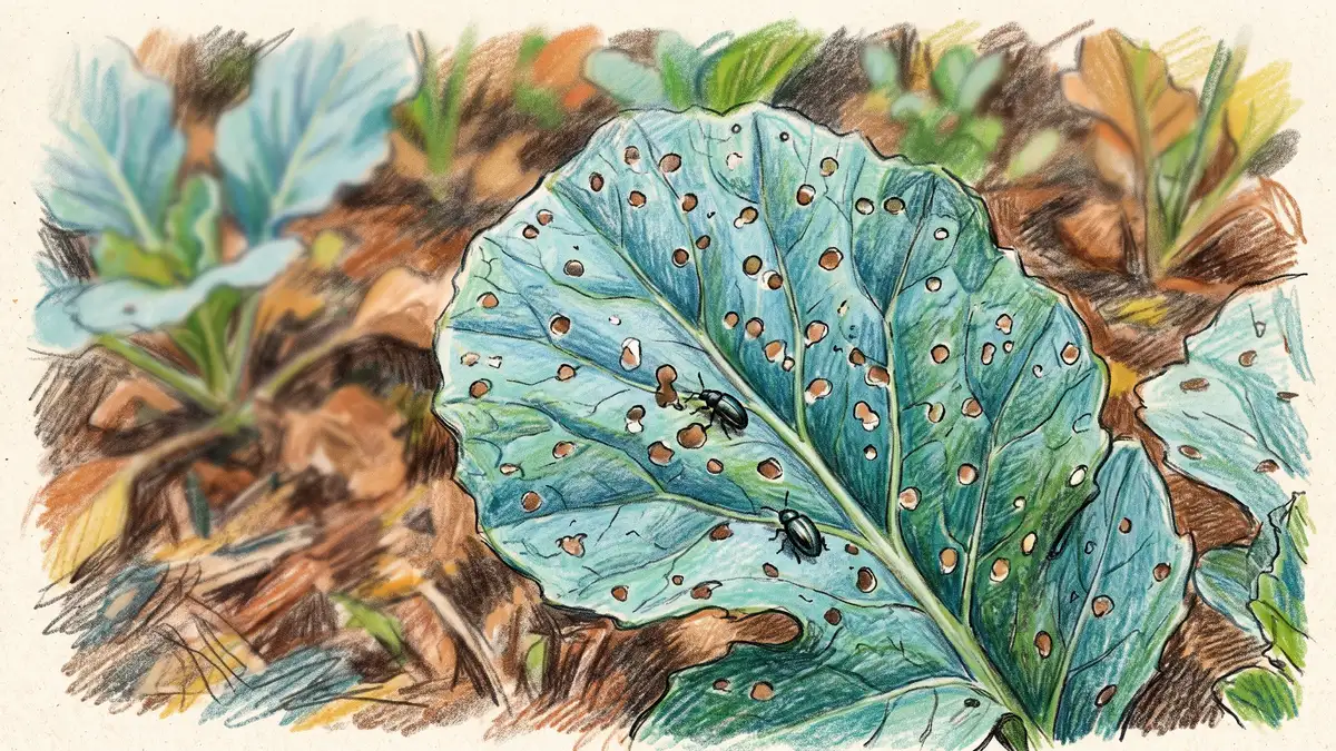 Blue-green turnip leaf showing round shot-hole feeding damage from flea beetles with two small beetles visible
