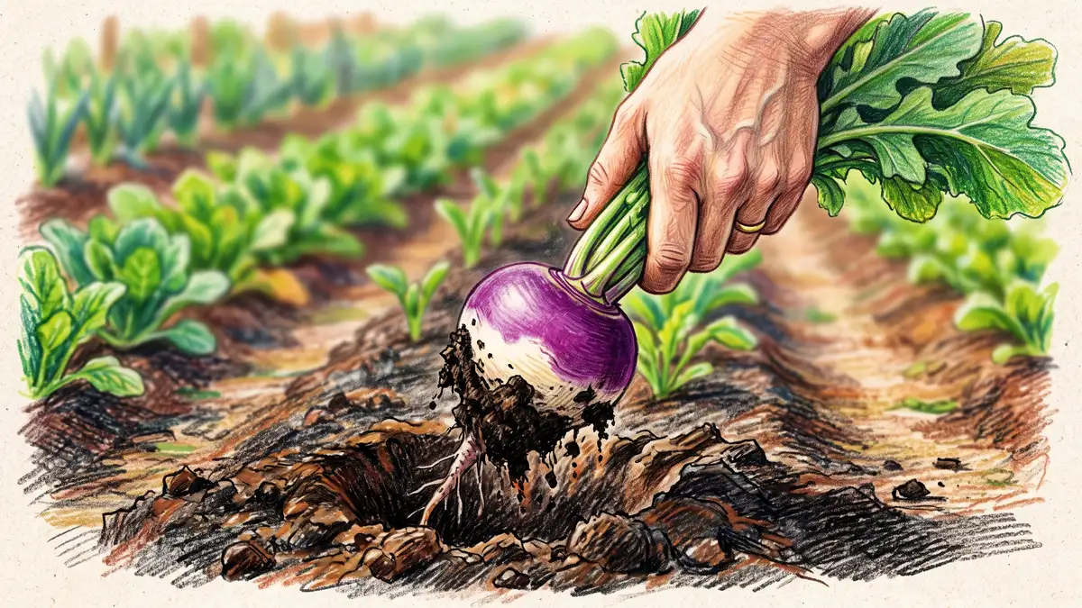 Hand pulling a purple-topped white turnip from dark crumbly soil with its leafy green top and soil clinging to the root