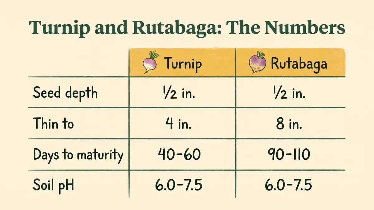 Infographic comparing turnip and rutabaga seed depth, thinning distance, days to maturity and soil pH side by side