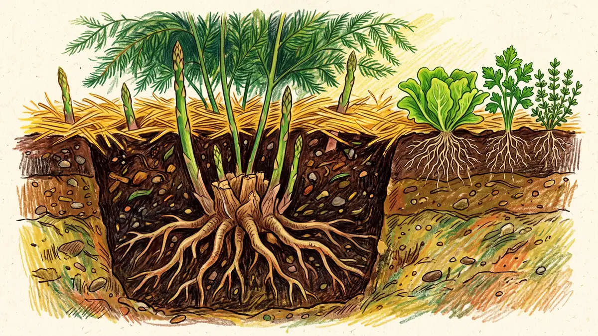 Soil cross-section showing an asparagus crown with deep storage roots alongside shallow-rooted lettuce and herbs