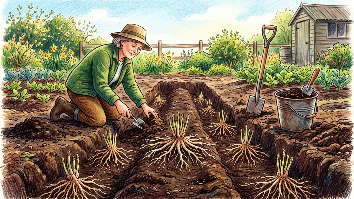 Gardener planting bare-root asparagus crowns spread flat along a low ridge in an open trench with compost alongside