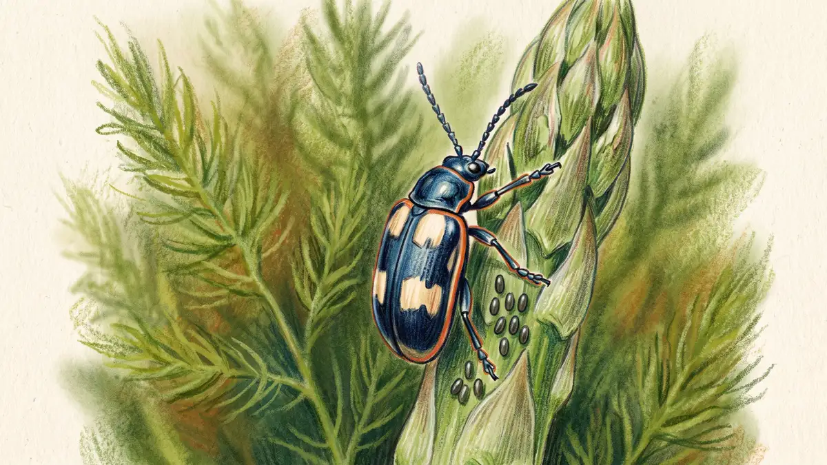 Common asparagus beetle with cream markings on a green asparagus spear tip beside small dark eggs
