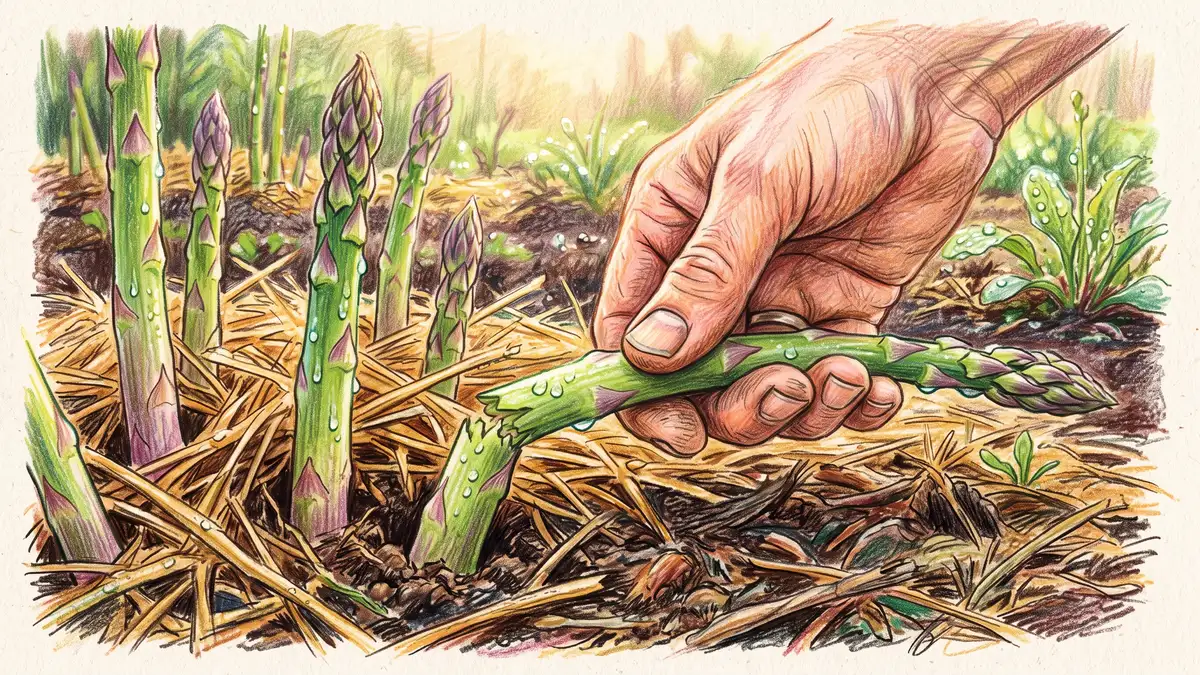 Hand snapping a thick green asparagus spear at soil level with more spears pushing up through straw mulch