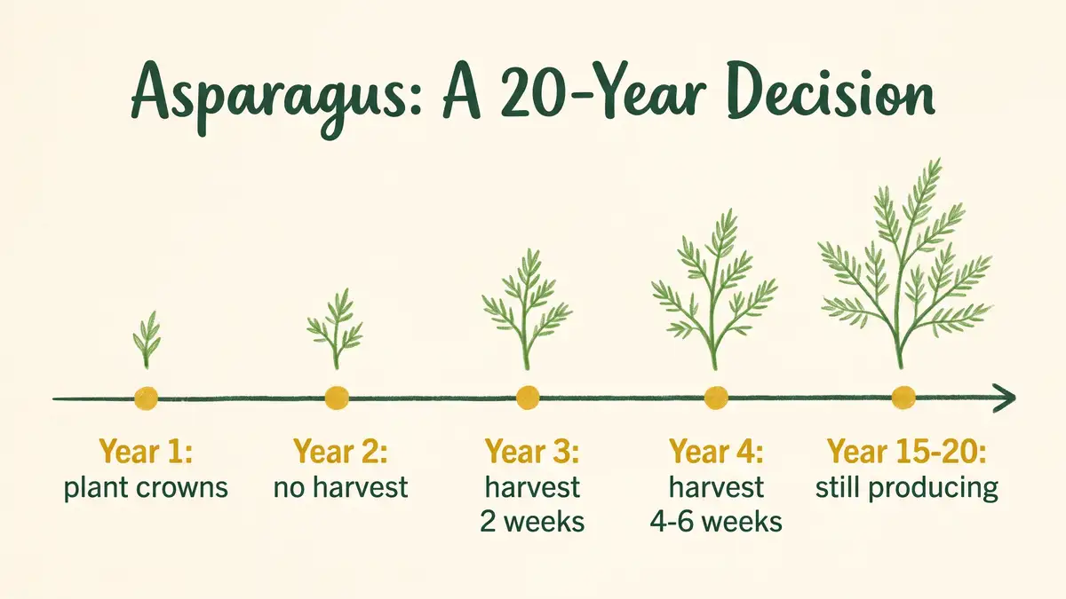 Infographic timeline showing asparagus from planting crowns in year one to full harvest by year four and production past year fifteen