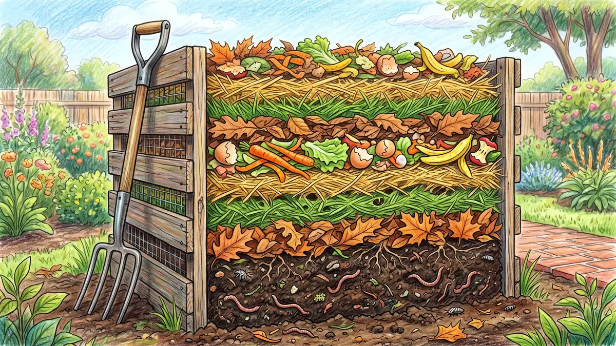 Cross-section of a healthy compost pile showing layers of dry leaves, grass clippings, straw and finished dark compost with visible air pockets