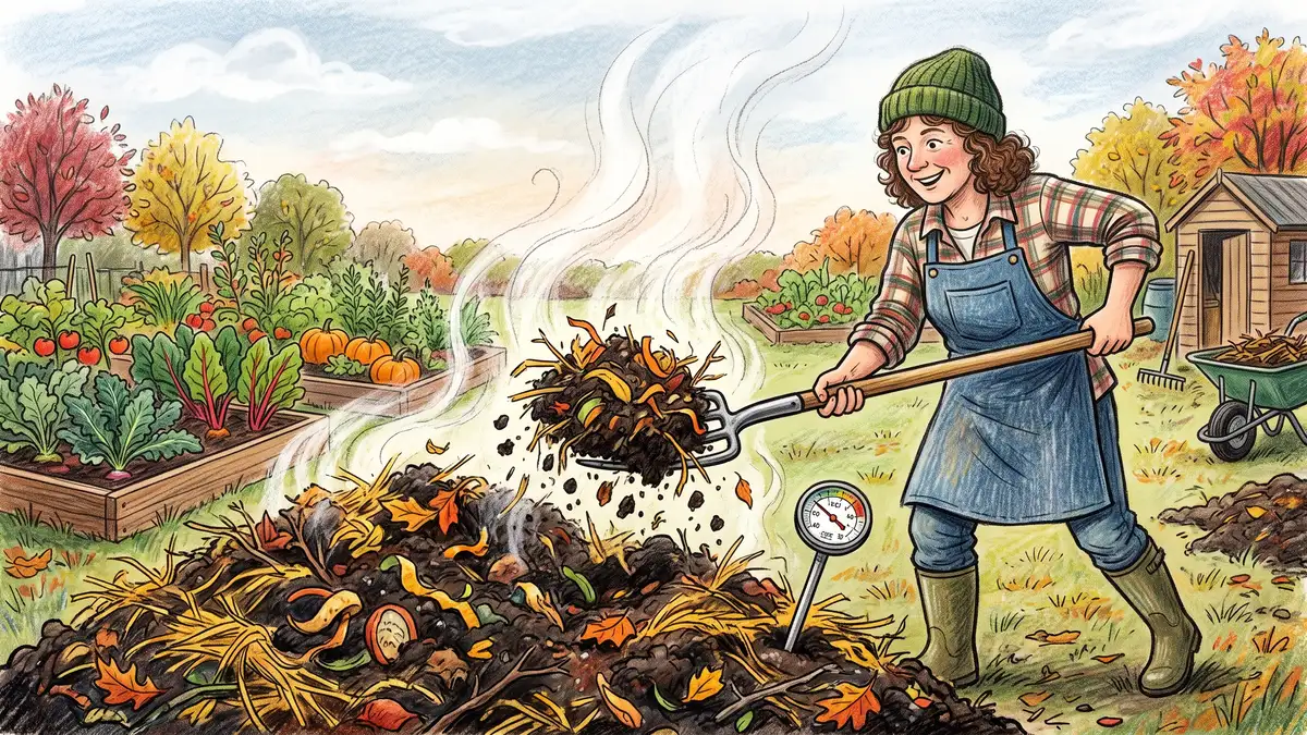Gardener turning a steaming compost pile with a garden fork on a cool morning, with a compost thermometer visible in the pile