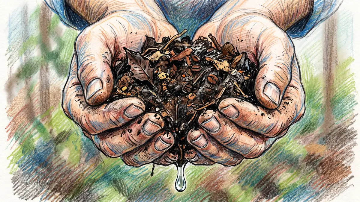 Hands squeezing a fistful of dark moist compost with a single drop of water forming, the correct moisture test for a healthy pile