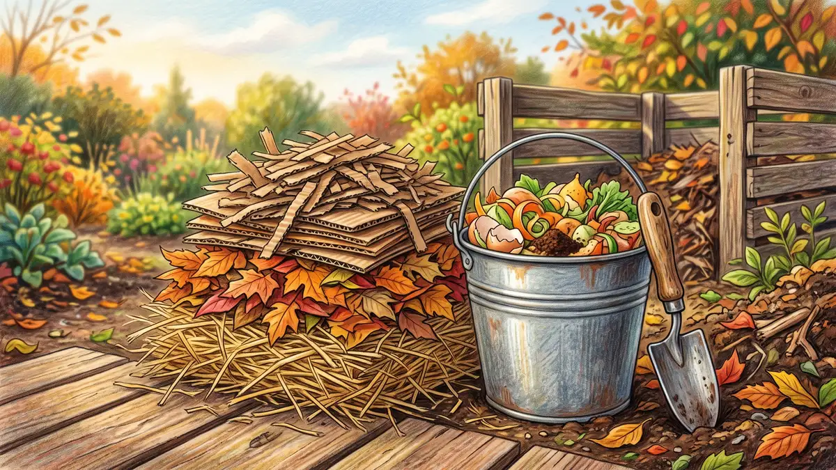 Stack of shredded cardboard, dry leaves and straw beside a bucket of kitchen scraps ready to balance a smelly compost pile