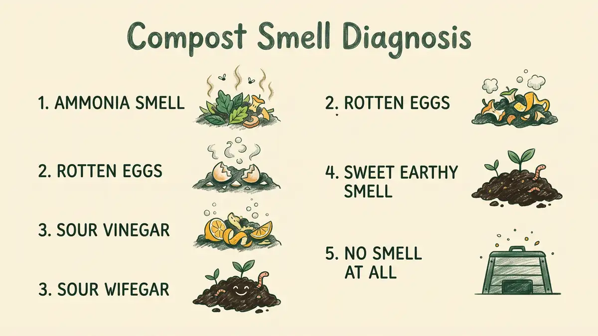 Illustrated compost smell diagnosis chart showing five odor types from ammonia to rotten eggs and what each one means for your pile