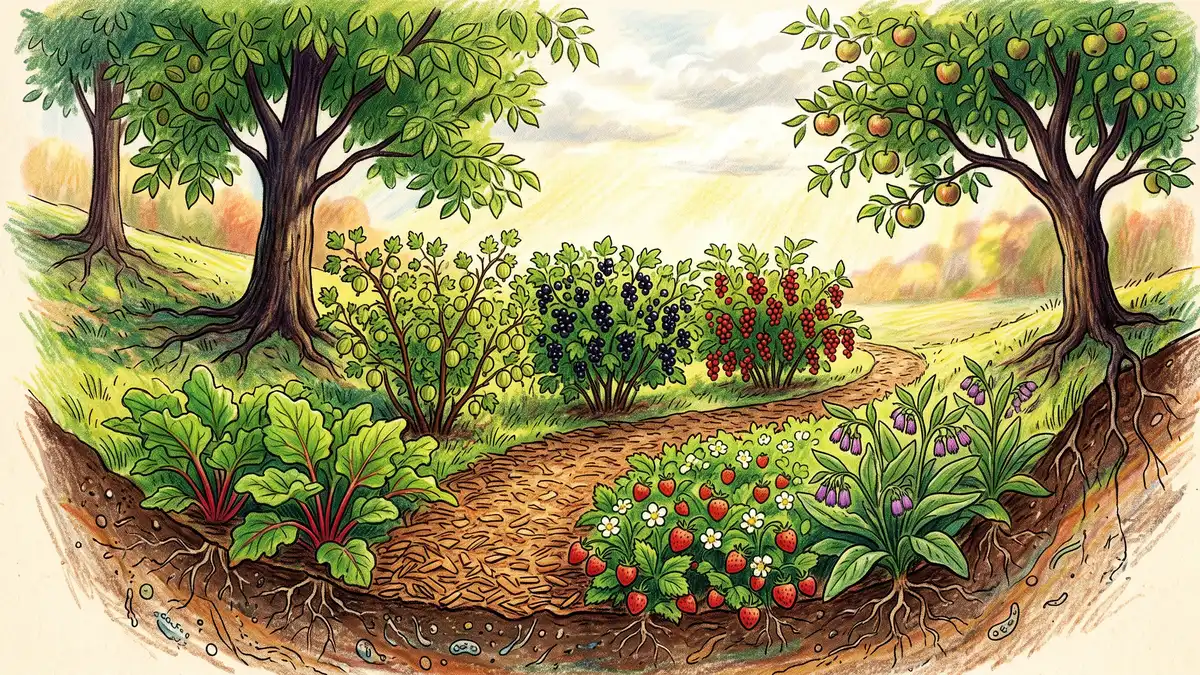 Cross-section of a layered food forest with gooseberry and currant bushes in the dappled shade beneath apple and walnut trees