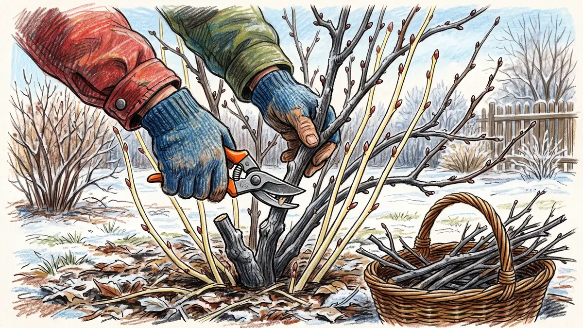 Gardener pruning out an old grey stem at the base of a black currant bush in winter, leaving young pale shoots