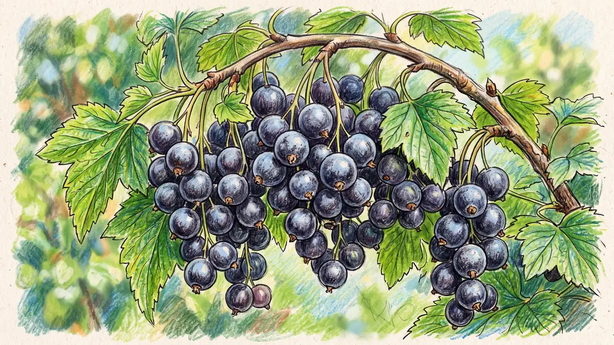 Heavy cluster of ripe black currants hanging from an arching branch with serrated green leaves in summer light