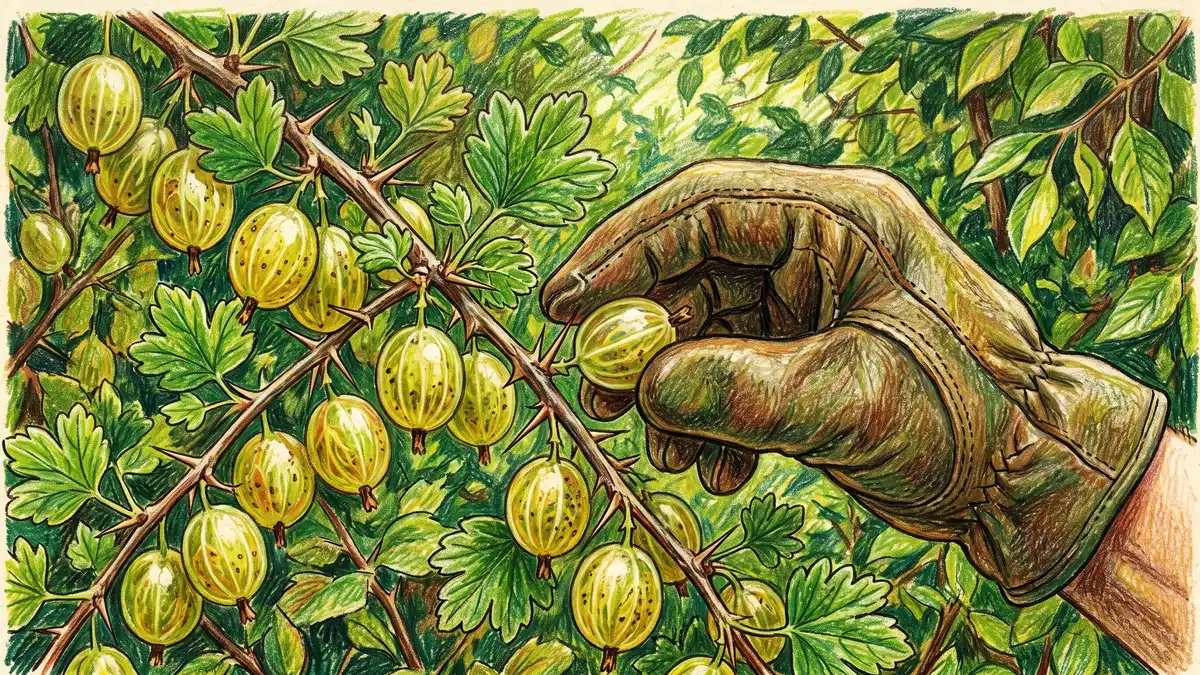 Gloved hand reaching between thorns to pick a plump translucent gooseberry from a heavily laden branch in dappled shade