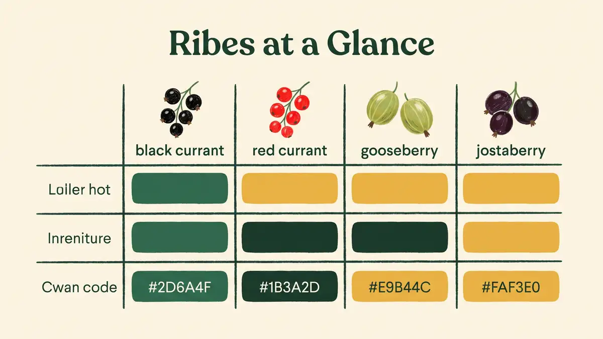 Illustrated comparison chart of black currant, red currant, gooseberry and jostaberry showing size, yield and light needs at a glance
