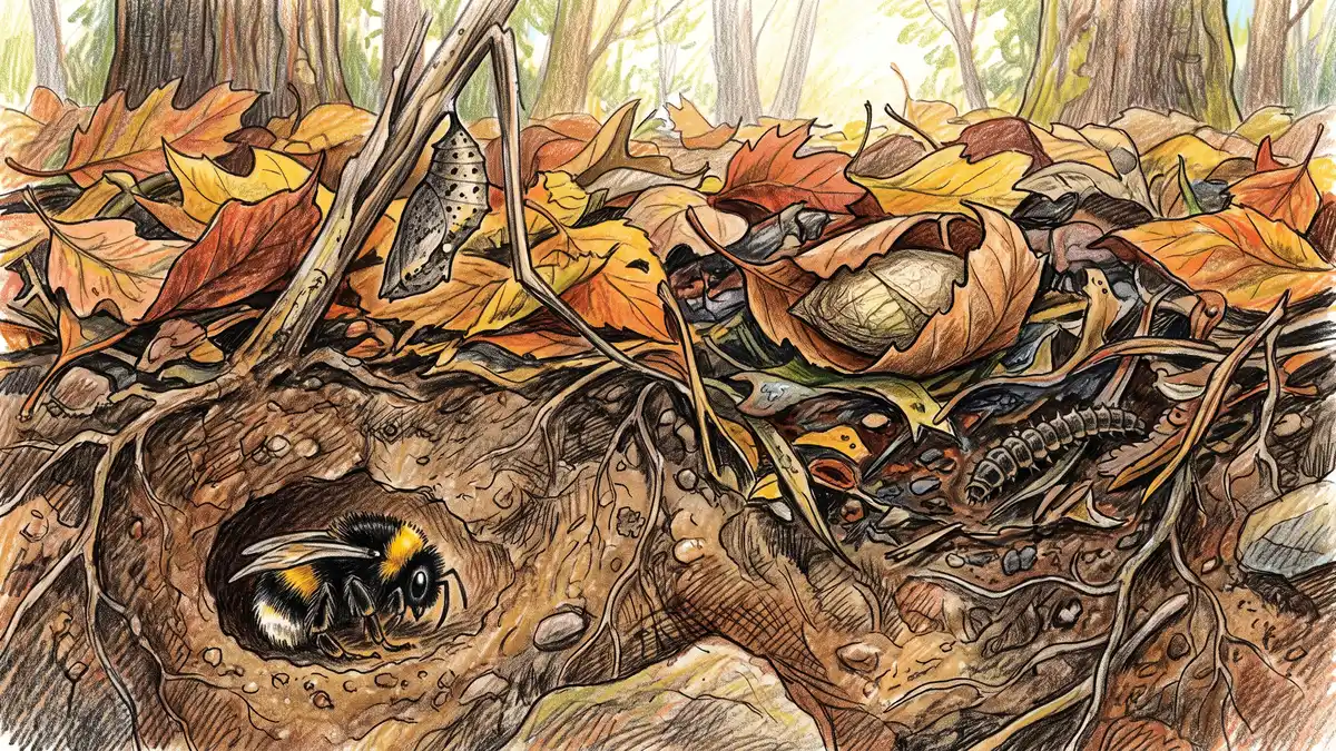Cutaway view under fall leaves showing a bumble bee queen, swallowtail chrysalis, moth cocoon and firefly larva overwintering in the litter layer