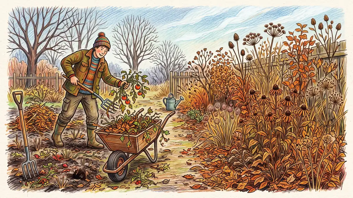 Gardener removing blighted tomato vines from one bed while the neighbouring perennial bed is left standing with seedheads and leaf litter intact