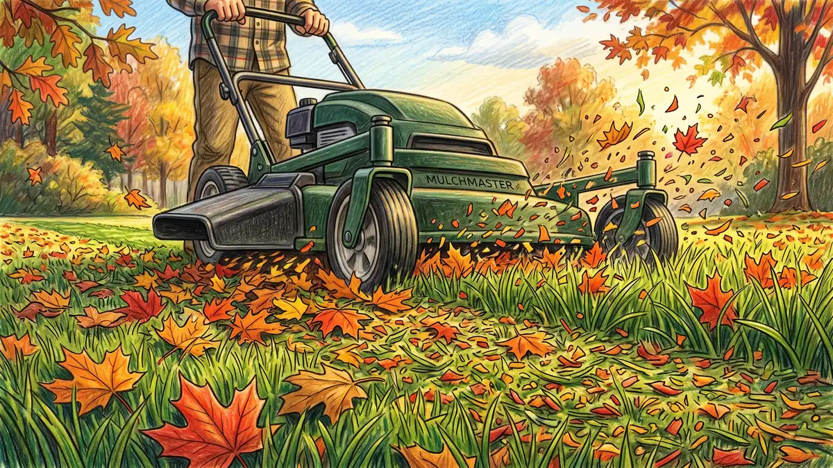 Mulching mower passing over a lawn scattered with maple leaves, shredded fragments settling into the grass canopy