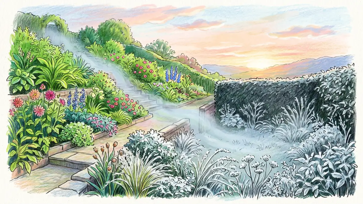 Sloping garden at dawn with cold air draining downhill and frost pooling against a hedge while plants higher up the slope stay green
