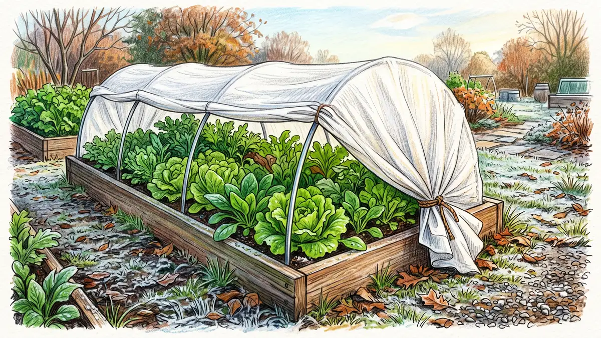 Low tunnel of white floating row cover over a raised bed of lettuce and spinach with frost on the surrounding ground
