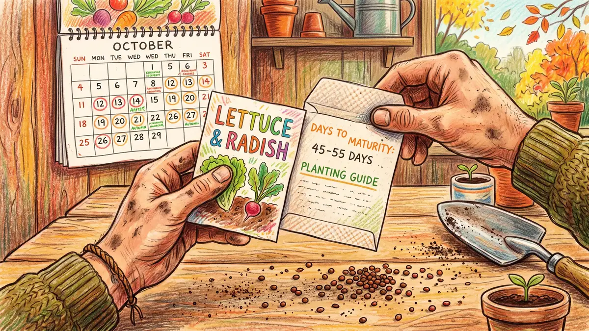 Gardener's hands holding a seed packet showing days to maturity beside a calendar with autumn planting dates circled