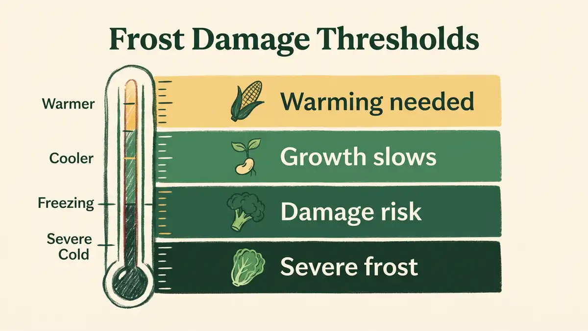 Illustrated thermometer chart showing frost damage thresholds from light frost through hard freeze with example vegetables at each band