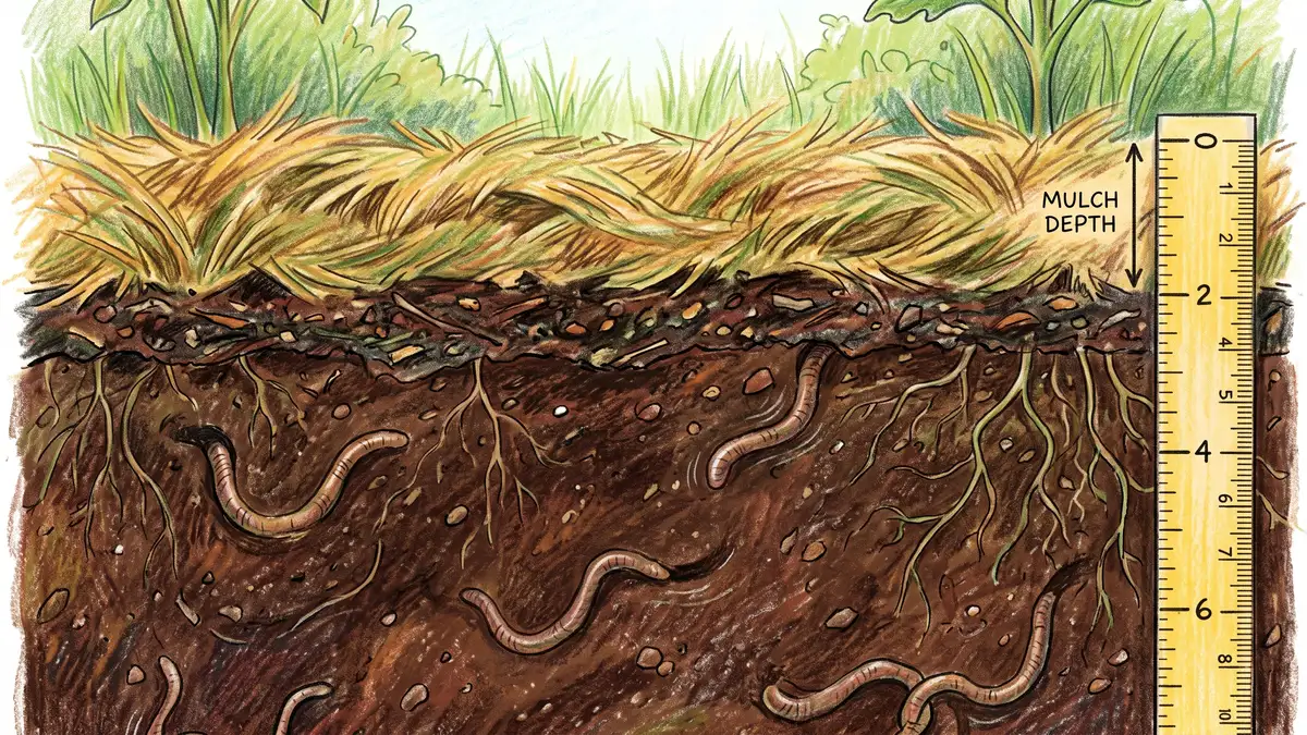 Soil cross-section showing a deep hay mulch layer over decomposed material and dark topsoil with earthworms and fine roots