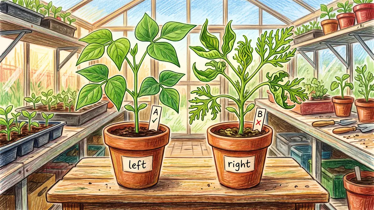 Two bean seedlings side by side in a herbicide bioassay test, one healthy and one showing cupped twisted distorted foliage