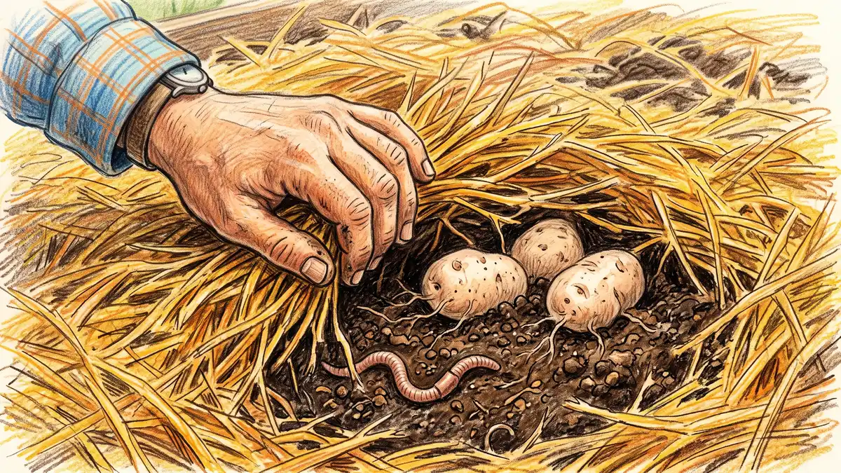 Hand parting golden straw mulch to expose moist dark soil and pale potato tubers sitting on the surface underneath