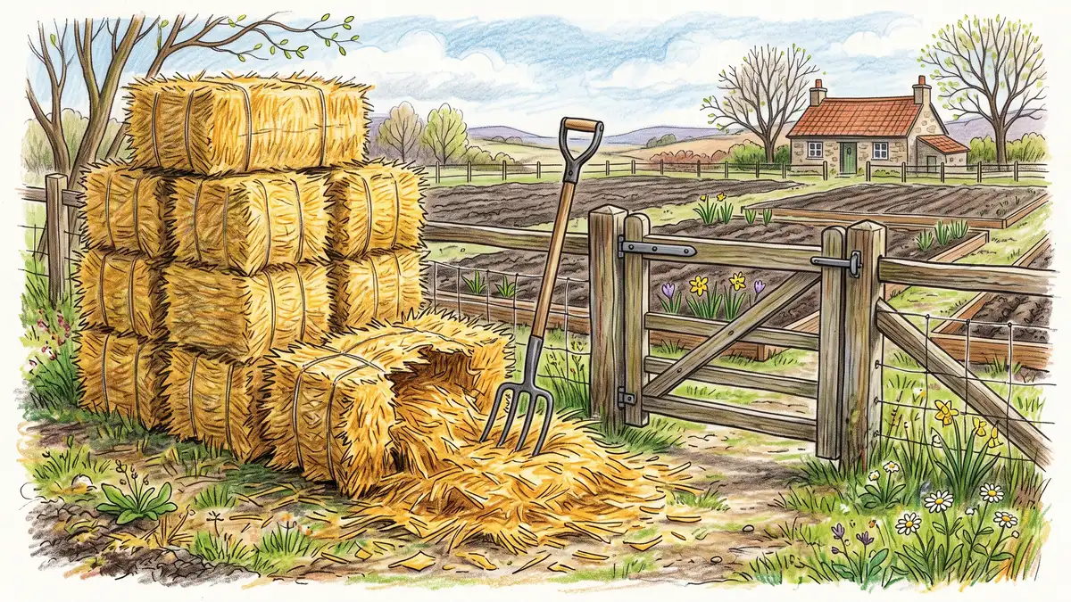 Stack of square hay bales beside a garden gate in early spring with one bale broken open into loose golden flakes