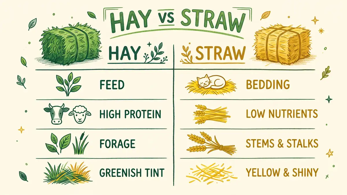 Illustrated hay versus straw comparison chart showing weed seed load, herbicide risk, cost and nitrogen content side by side