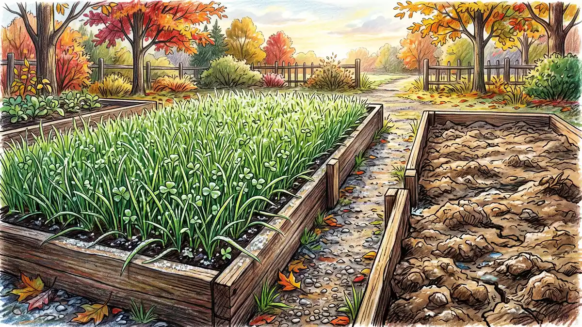 Raised bed sown with young winter rye and crimson clover cover crop beside a bare eroded bed on a frosty autumn morning