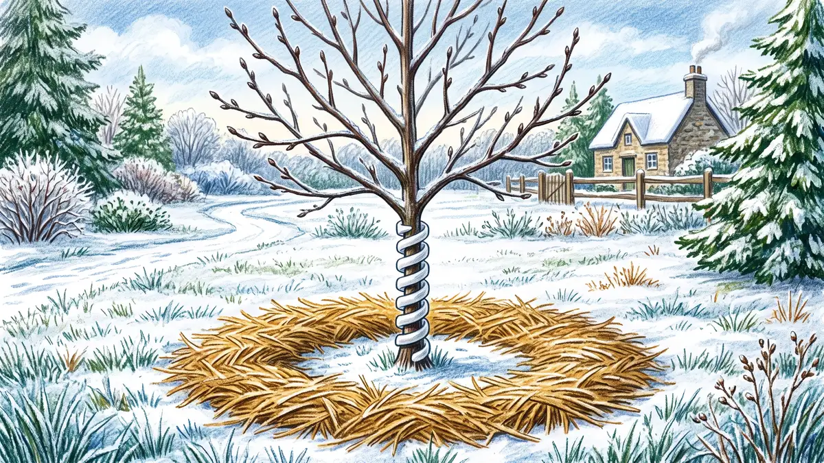 Young fruit tree with a white spiral trunk guard and a wide ring of straw mulch pulled back clear of the trunk in a frosty winter garden