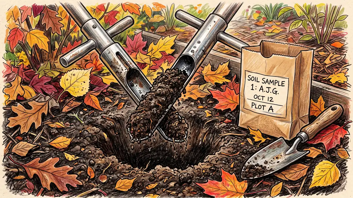 Stainless soil probe lifting a core of dark crumbly soil beside a labelled sample bag for a fall soil test