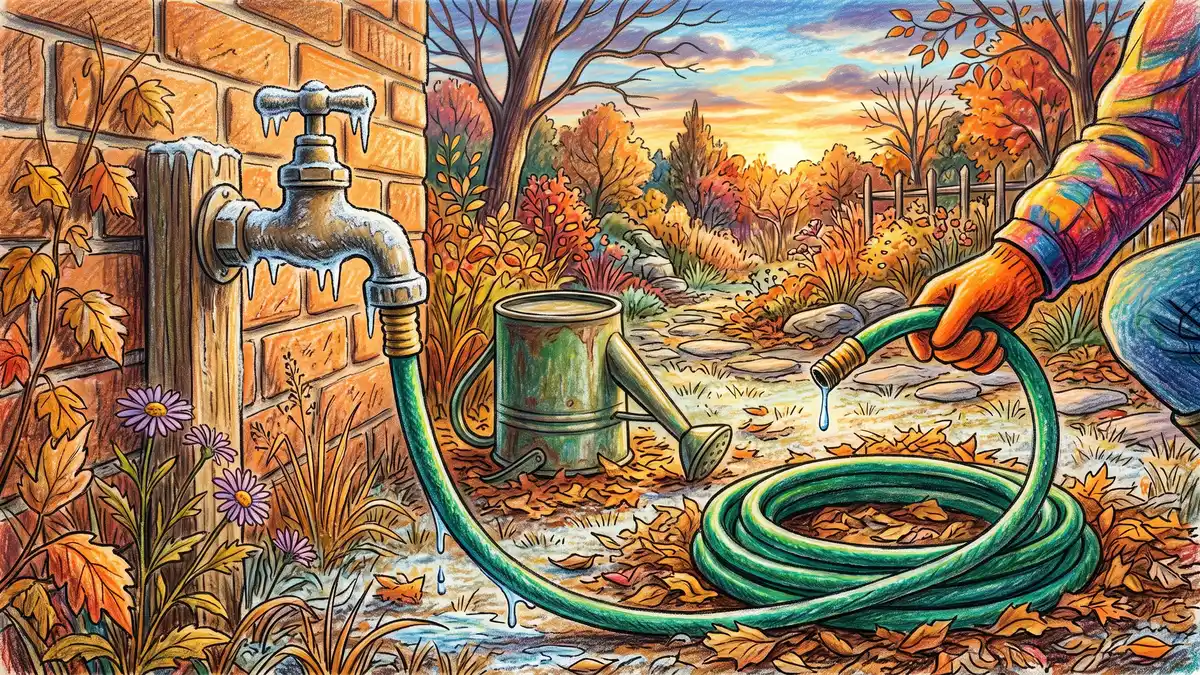 Garden hose being drained and coiled beside an outdoor spigot with frost forming on the tap in late autumn