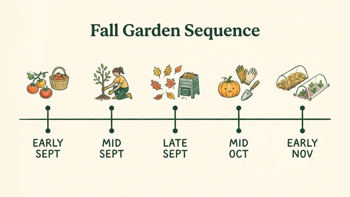 Illustrated fall garden timeline showing the sequence from soil testing through cover crop sowing to winter mulching after the ground freezes