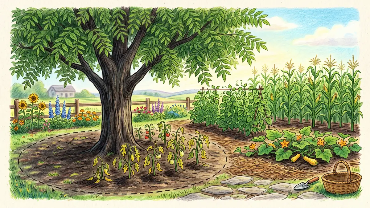 Black walnut tree with its juglone drip line marked, showing wilting tomatoes inside the zone and healthy corn and squash outside it