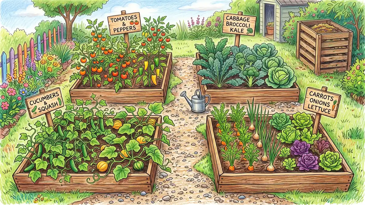 Four-bed backyard garden plot with each bed planted to a different crop family for rotation: nightshades, brassicas, cucurbits, and roots and alliums